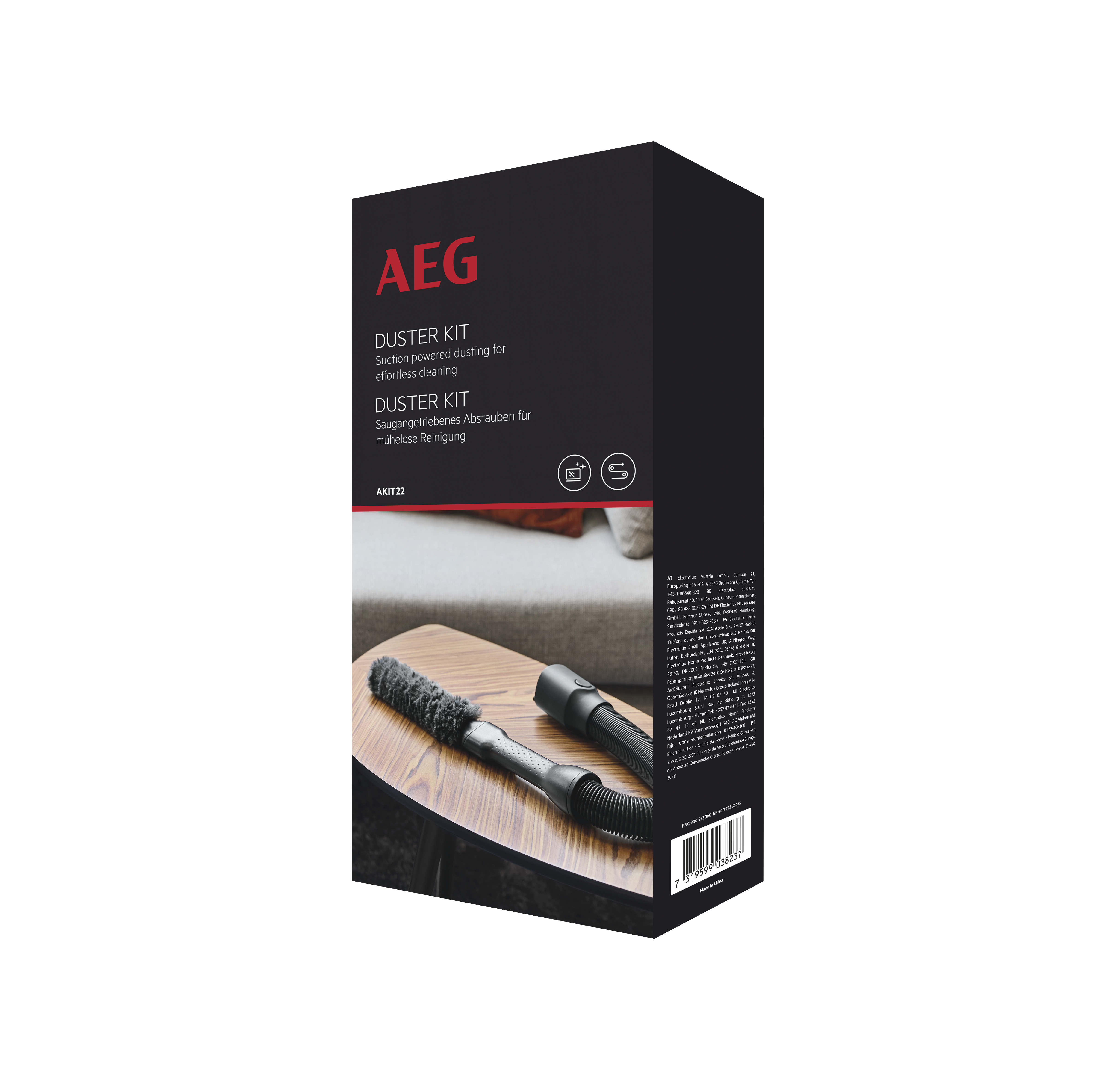Schwarzer AEG Duster Kit Karton mit Produktdetails, Bürste und Schlauch sichtbar. Weißer Hintergrund.