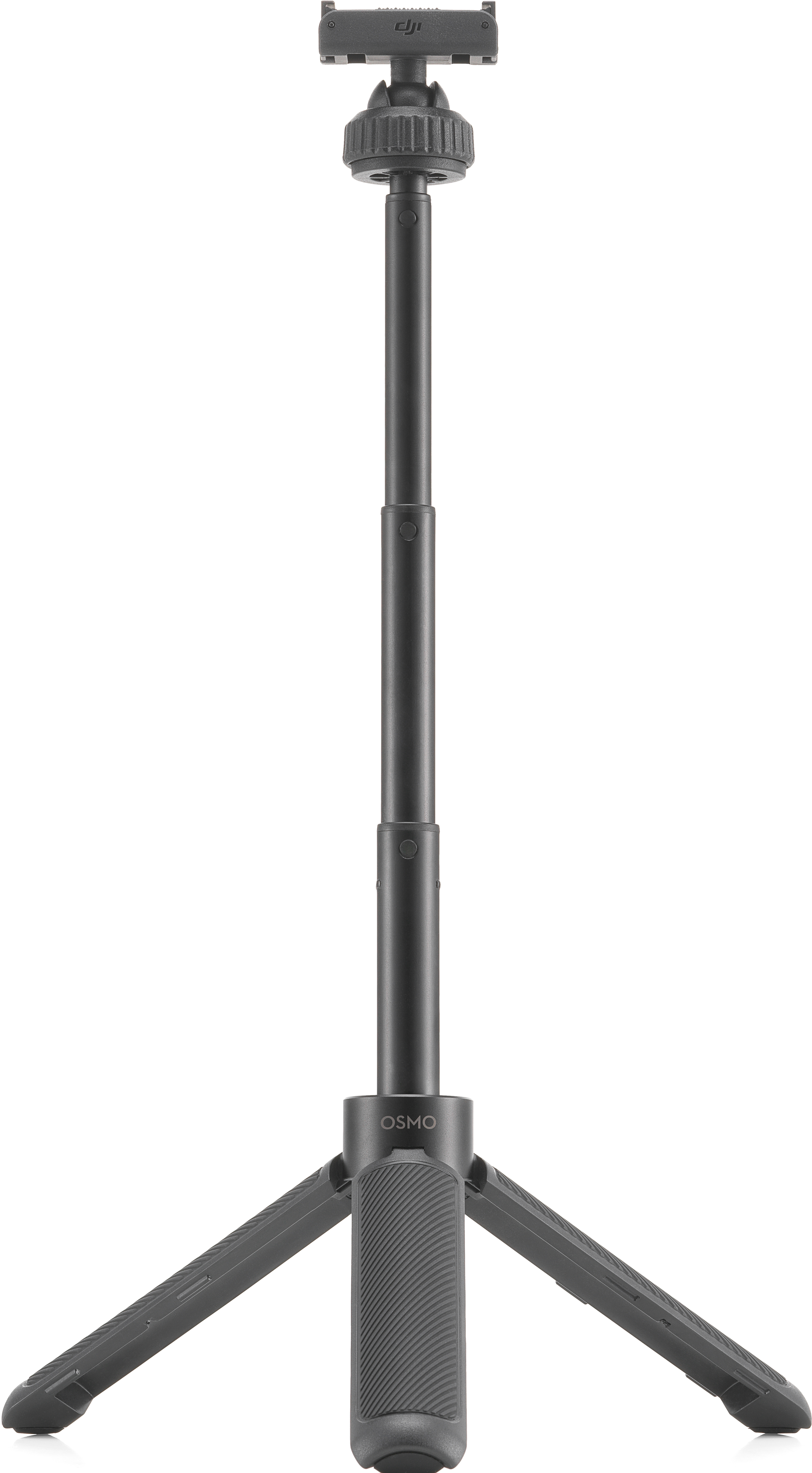 Ein schwarzes Stativ mit Telefonhalterung oben und einem Sockel mit drei Beinen.