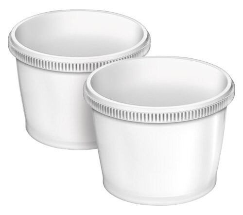 Dwa białe, okrągłe, plastikowe pojemniki z żebrowanymi krawędziami, lekko pochylone, na białym tle.