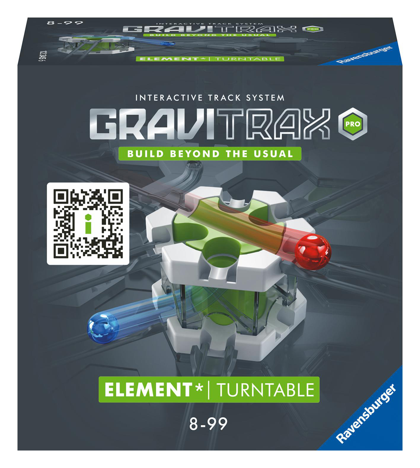 GraviTrax Pro interaktives Streckensystem Box. Schwarze Box mit Grafiken und Text. Enthält ein Drehelement.