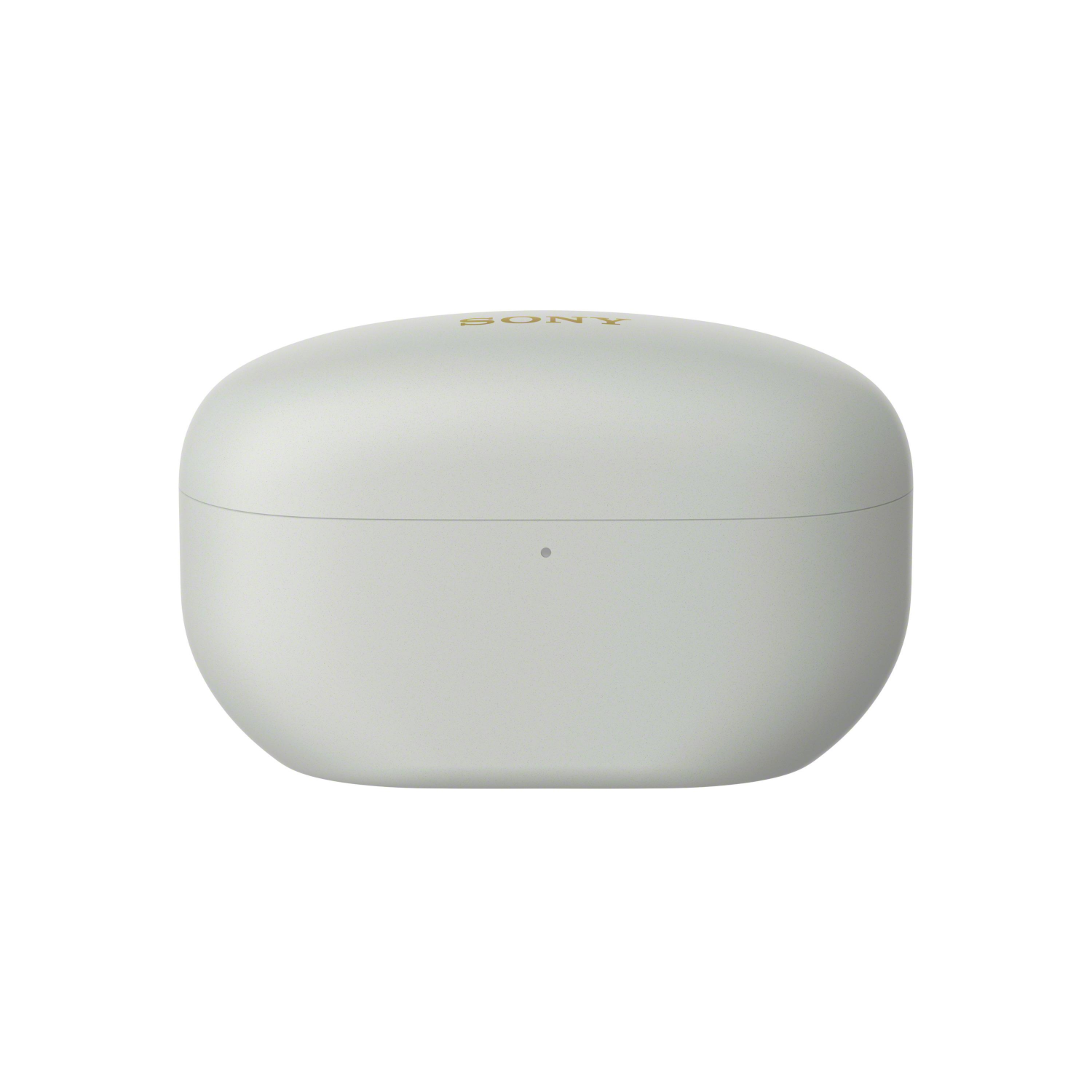 Een lichtgrijze, ovaalvormige oplaadcase voor oordopjes. Het woord "SONY" staat bovenaan. De achtergrond is wit.
