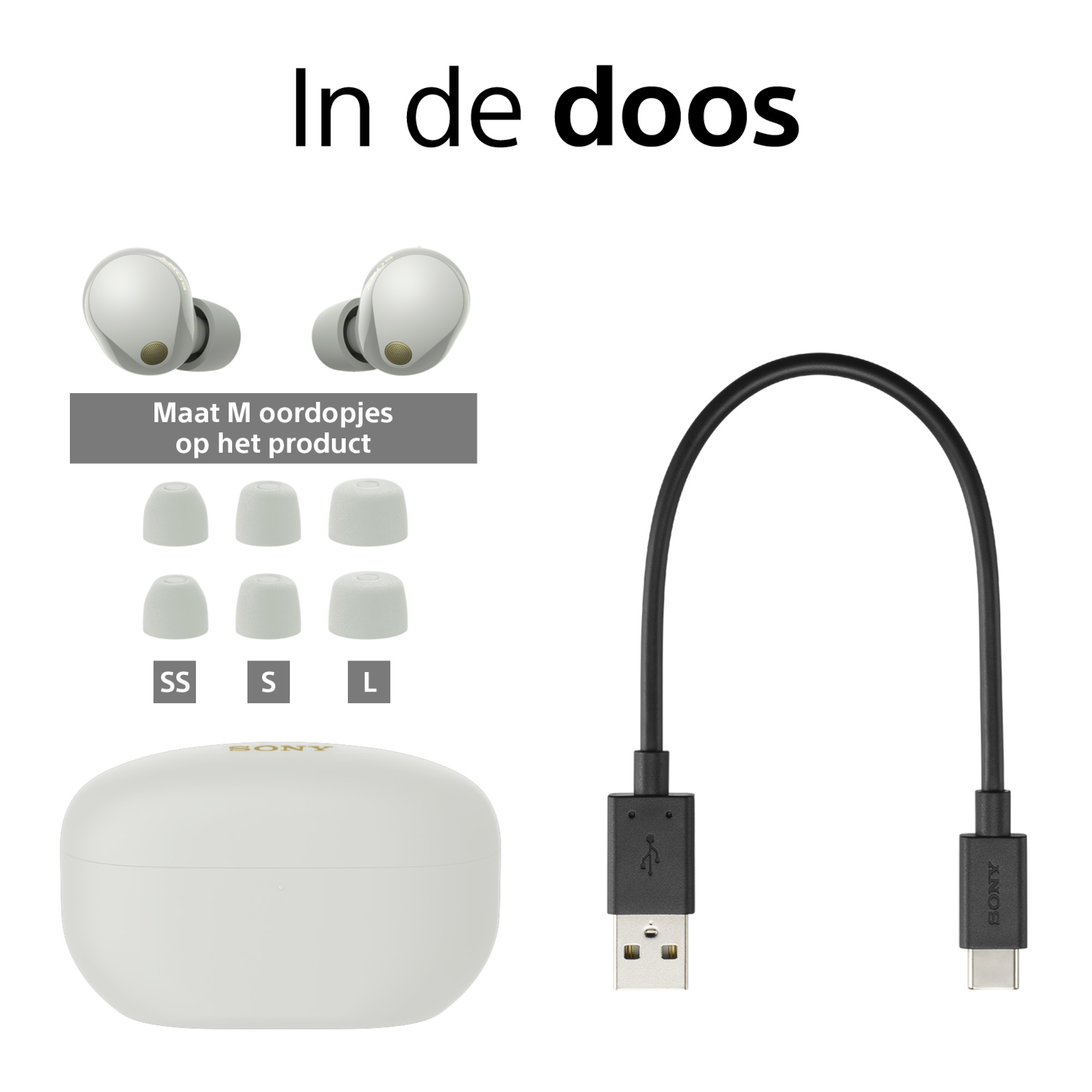 Oordopjes, oplaadcase en een USB-C-kabel. De oordopjes zijn wit. De case is wit met de merknaam.