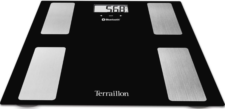 Une balance intelligente noire affichant un poids de 56,8.