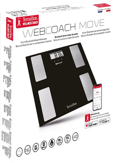 Une balance noir et blanc avec affichage numérique, la boîte montre une image de la balance et du téléphone.