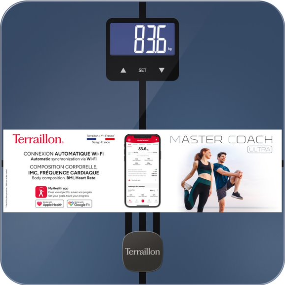 Digitale Badezimmerwaage mit Anzeige von 83,6 kg. Branding: Terraillon, Master Coach Ultra. Zwei Personen dehnen sich.