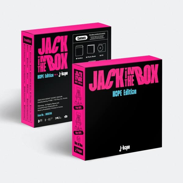 Pinke und schwarze Box, mit "JACK IN THE BOX" und "J-hope" Text. Inhaltsangaben gezeigt.