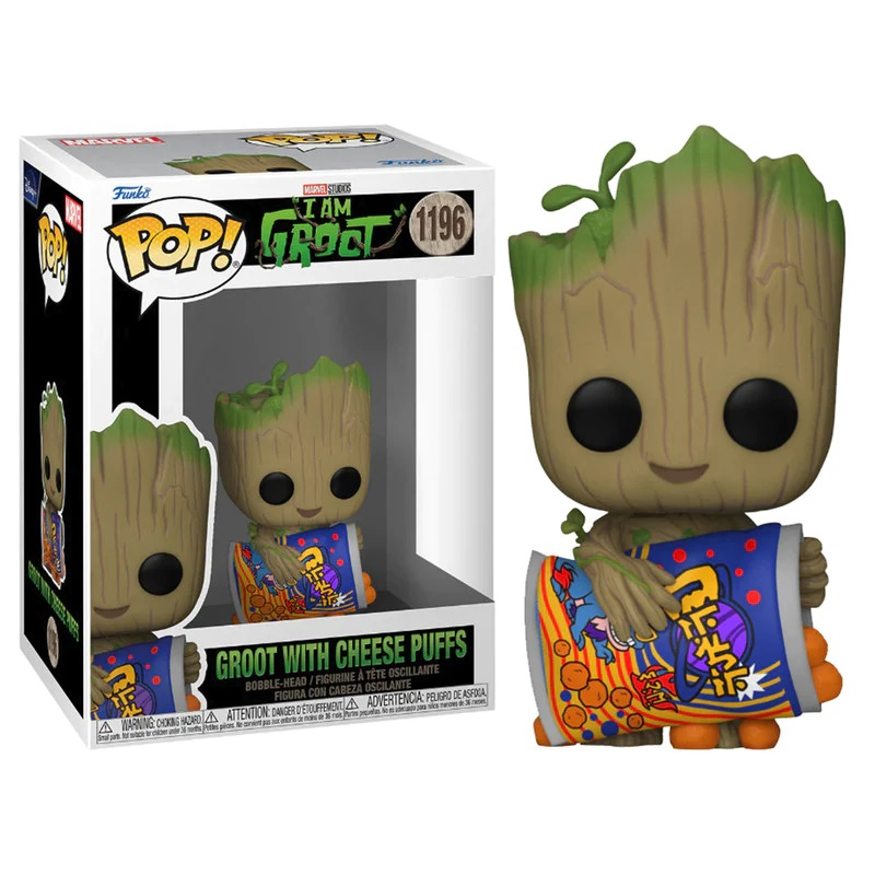 Figura Funko Pop! de Groot con puffs de queso, en una caja de exhibición.
