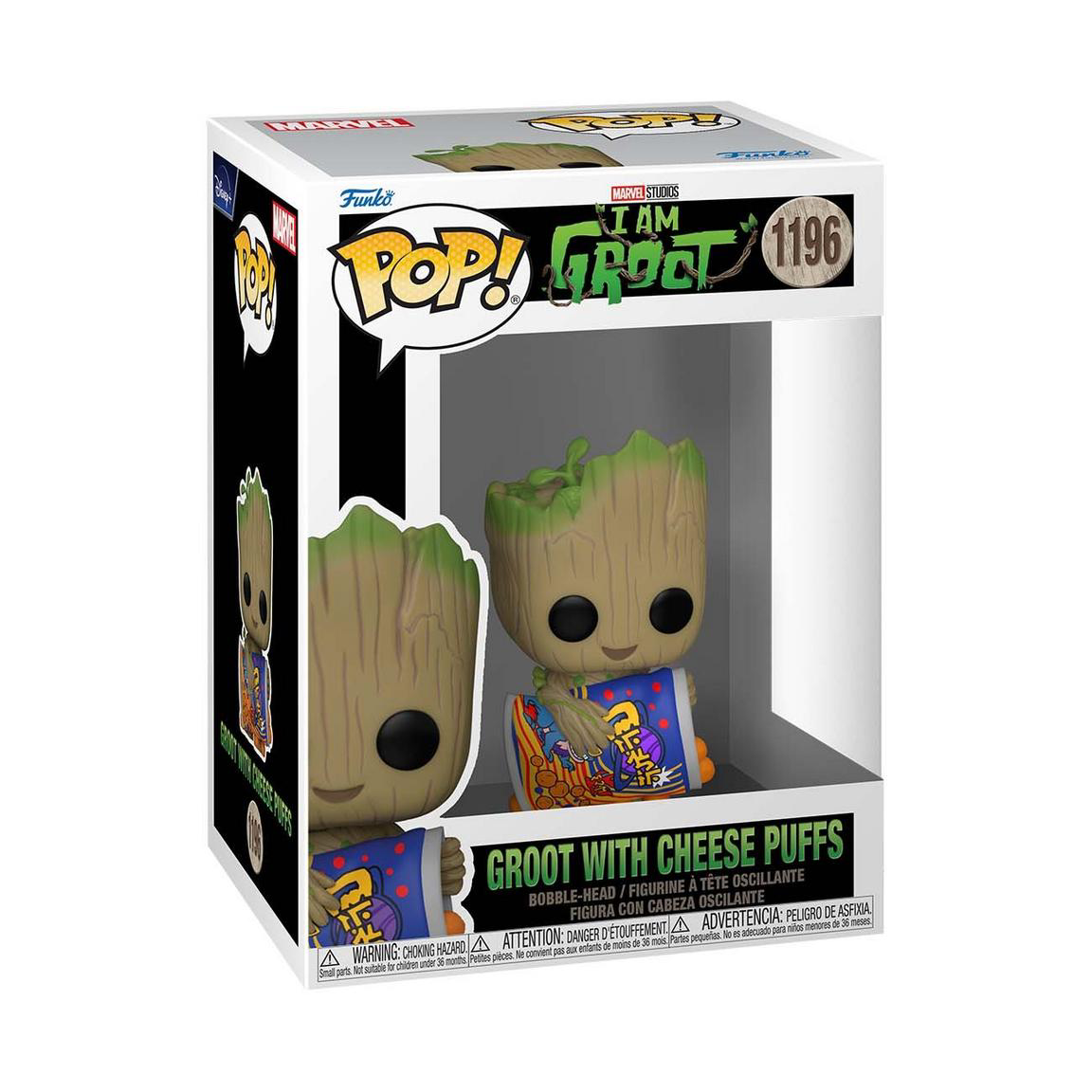 Figura de Groot en una caja con las palabras 'I AM GROOT'.
