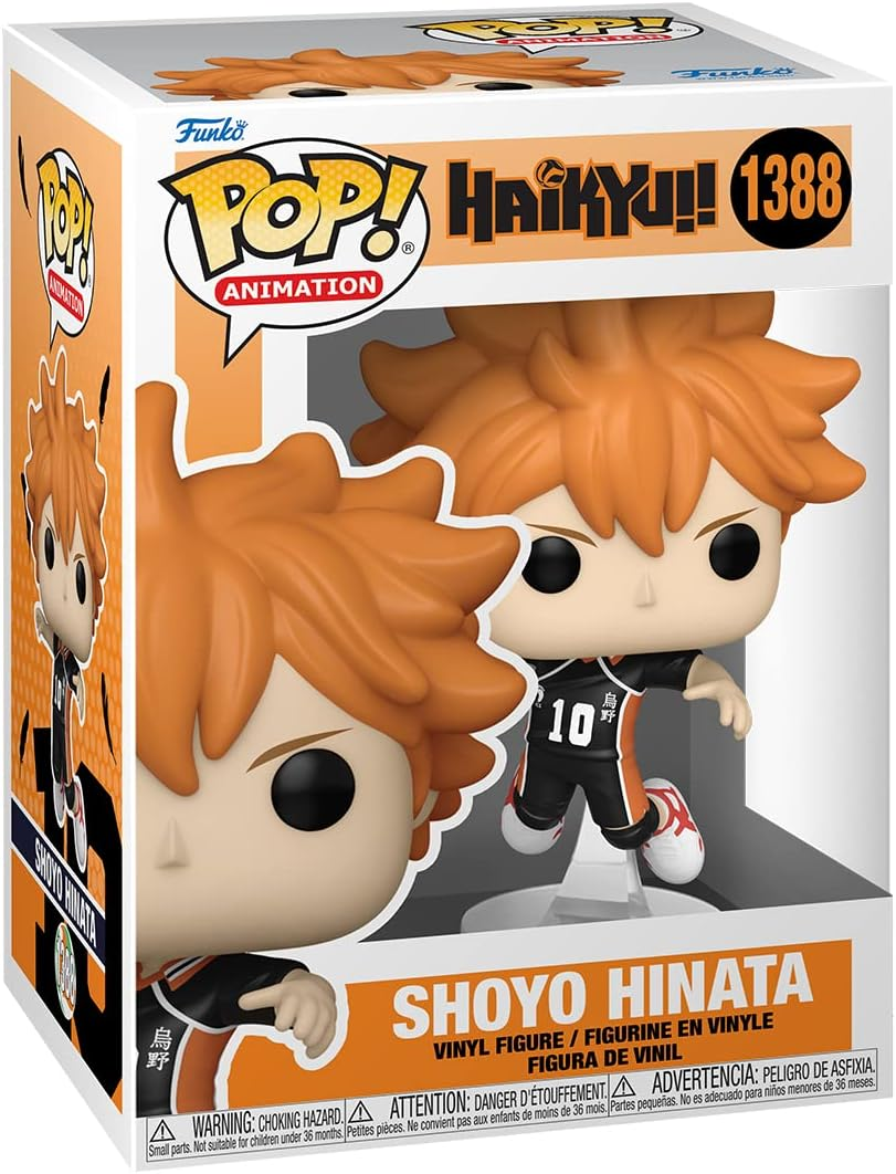 Figura Funko Pop de un personaje de dibujos animados, Shoyo Hinata, en caja. Pelo naranja, uniforme negro, zapatos blancos.