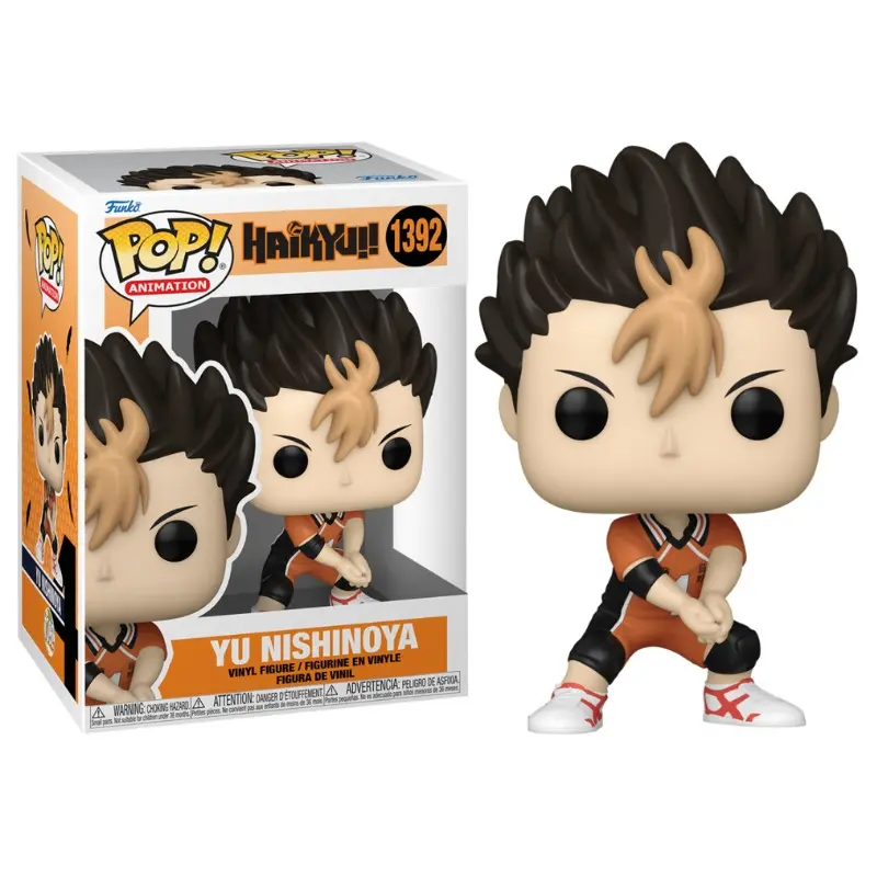 Una figura de Yu Nishinoya Funko Pop con una caja. Es naranja y negro con pelo puntiagudo.