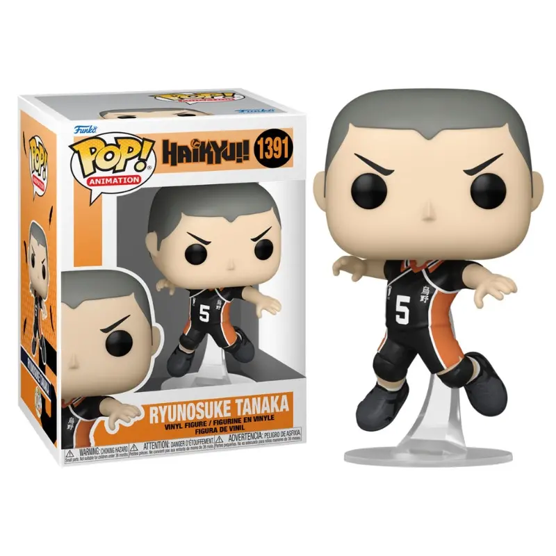 Figura Funko Pop de Ryunosuke Tanaka de Haikyu!! con caja, sobre blanco.