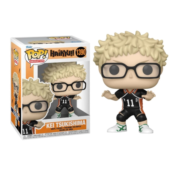 Una figura Funko Pop de Kei Tsukishima de Haikyuu! Cabello rubio, gafas, uniforme negro y una caja.