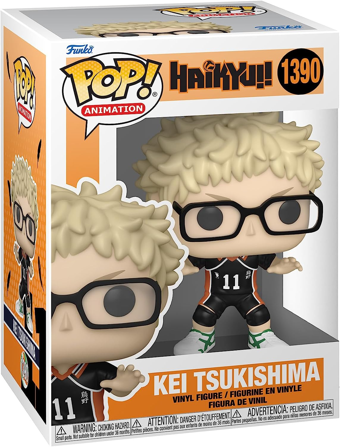 Caja Funko Pop de Kei Tsukishima de Haikyu!!, mostrando la figura y el arte de la caja.