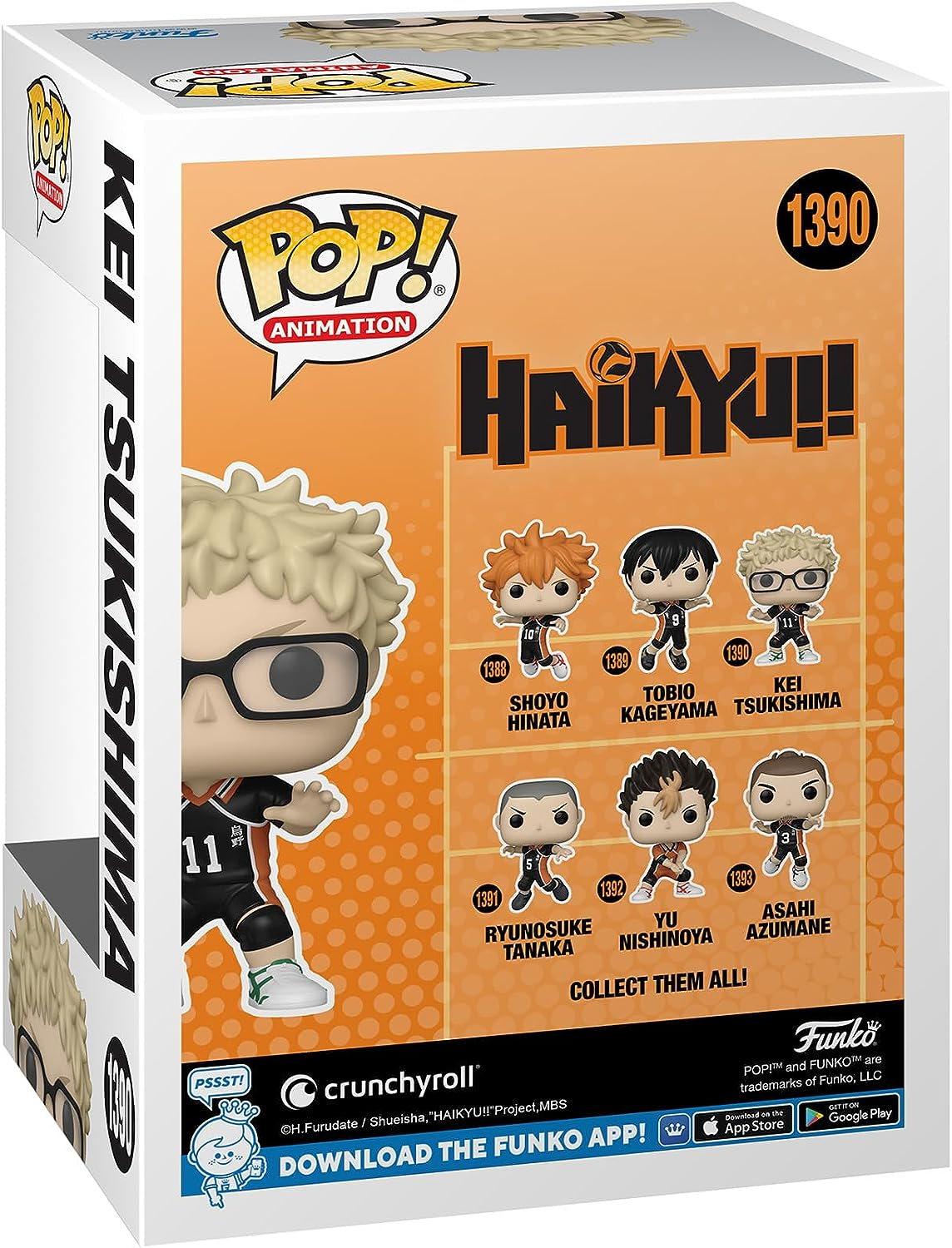 Parte trasera de una caja Funko Pop!, con diferentes personajes de Haikyuu!!. Fondo naranja.