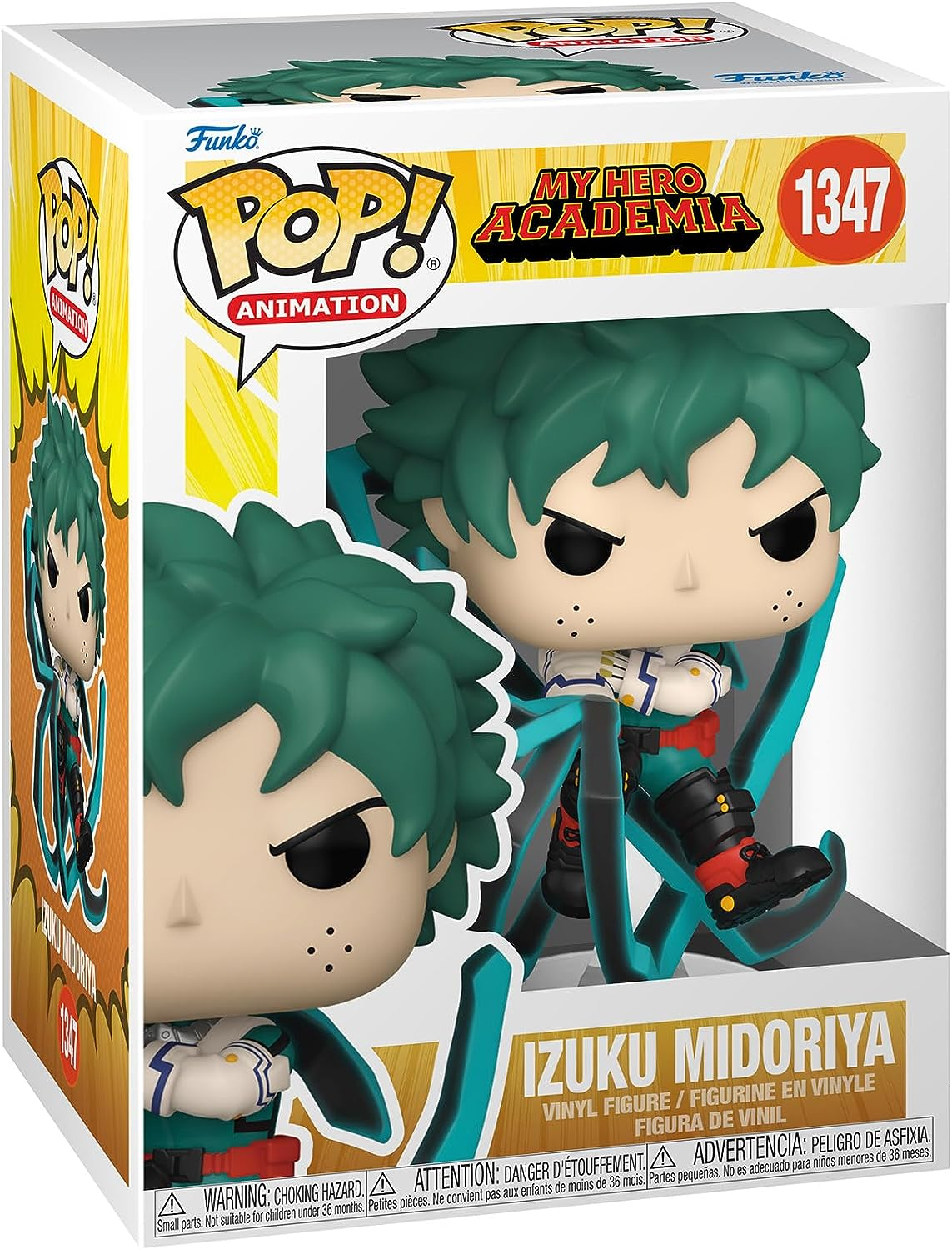 Caja Funko Pop de Izuku Midoriya, cabello verde, traje blanco y rojo, pose dinámica, fondo blanco.