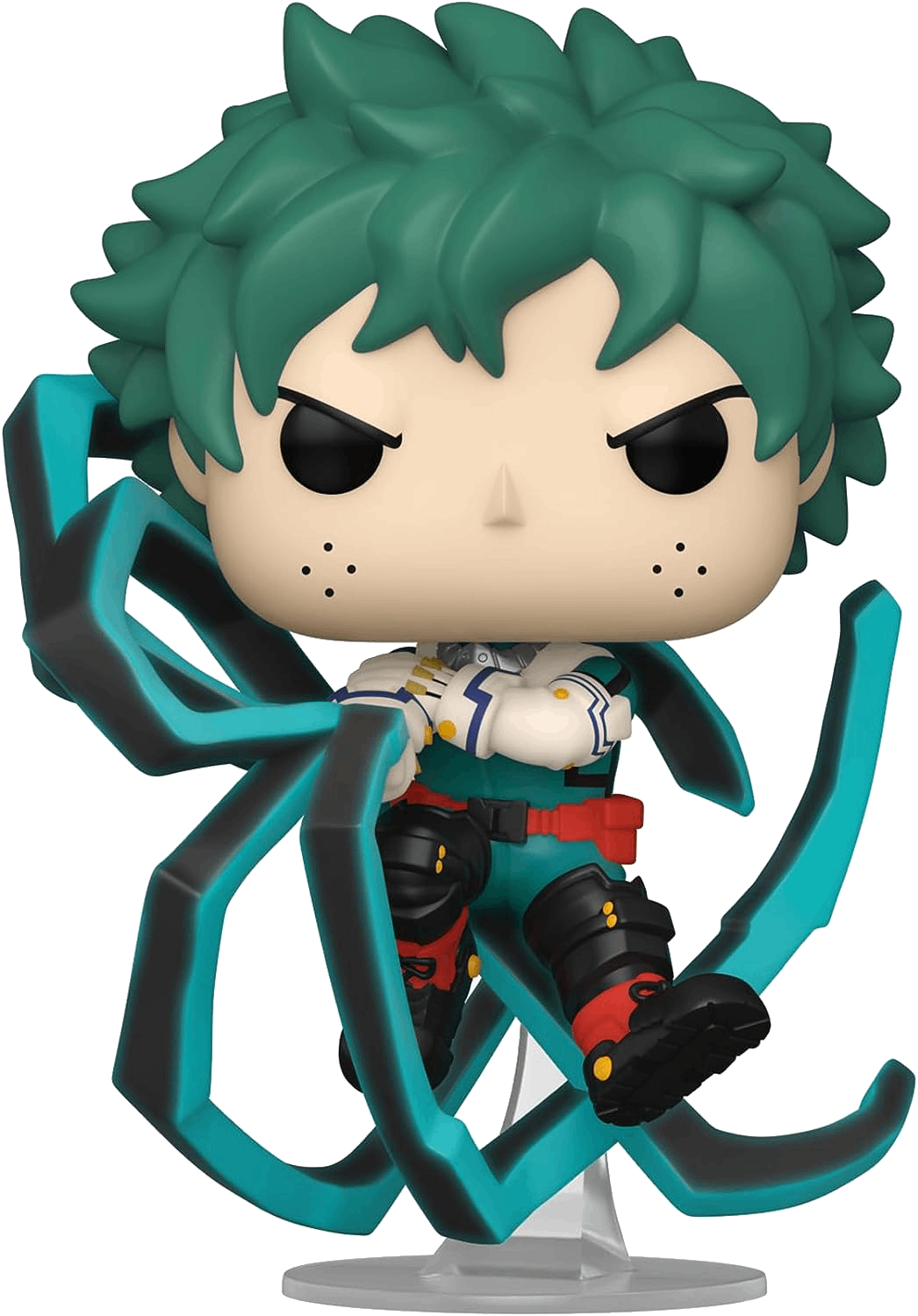 Una figura Funko Pop de un personaje con cabello verde puntiagudo y una pose dinámica.