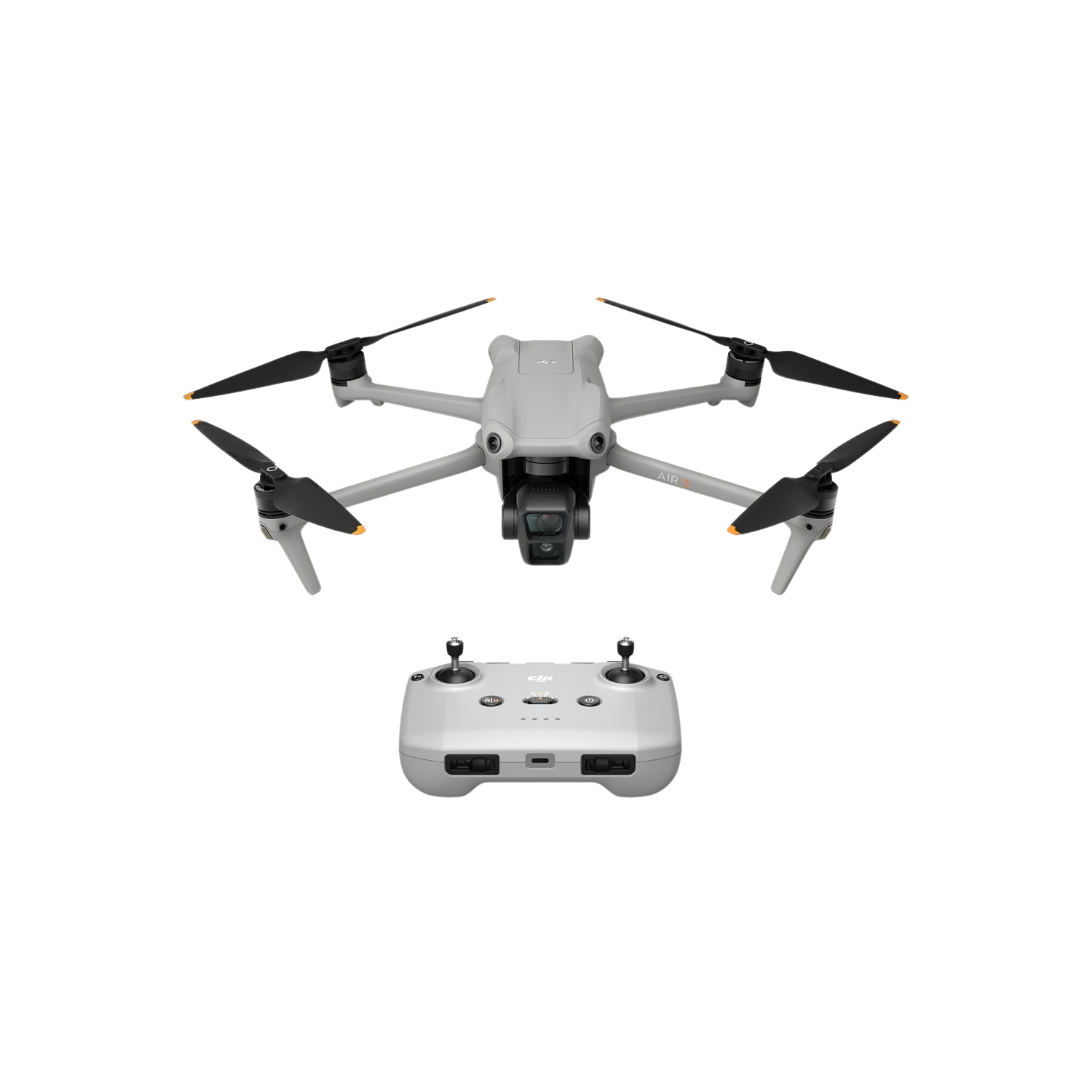 Drone en afstandsbediening op zwarte achtergrond. Drone is grijs met zwarte propellers.