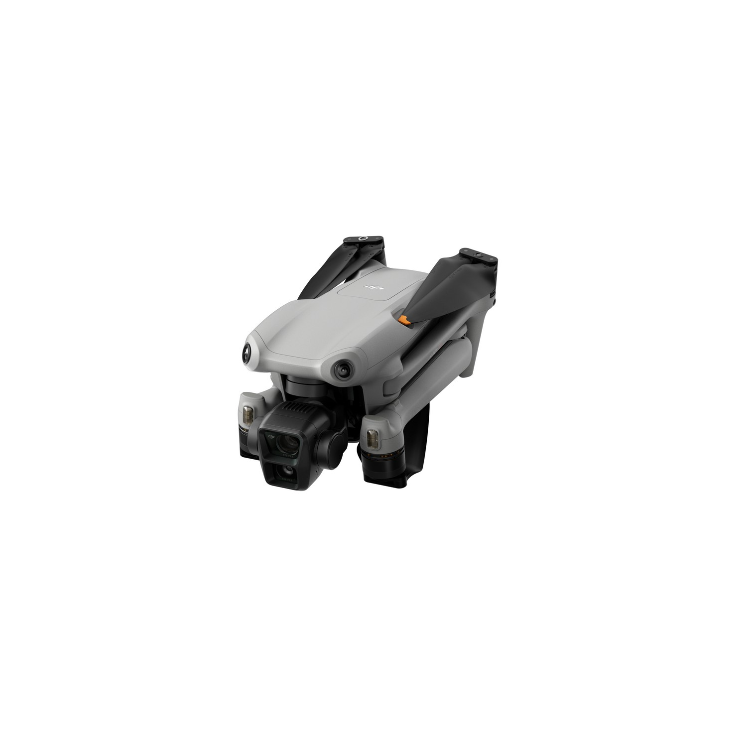 Een grijze en zwarte drone met een camera en opgevouwen propellers.