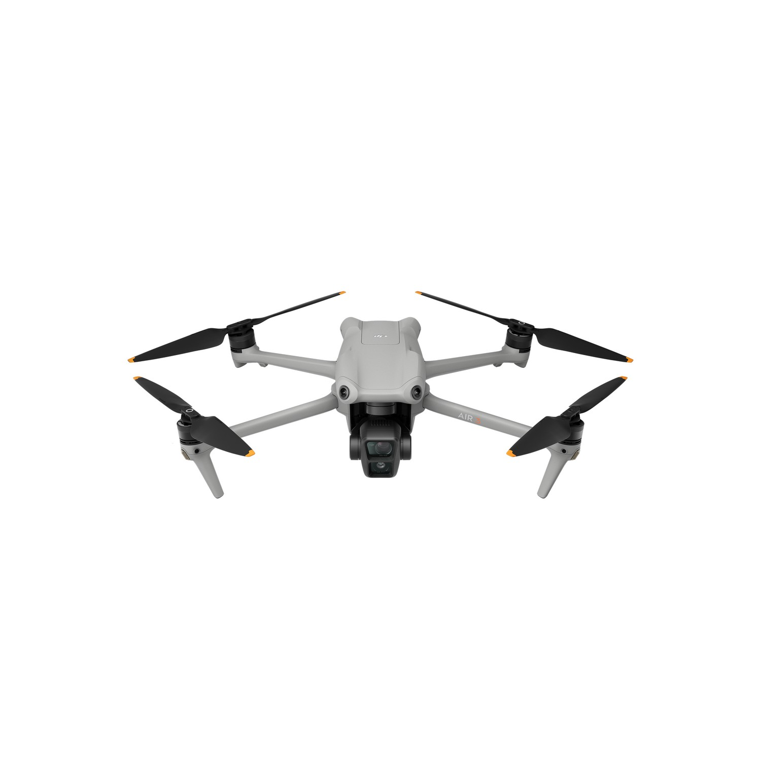 Grijze drone, vooraanzicht, vier zwarte propellers, oranje accenten.