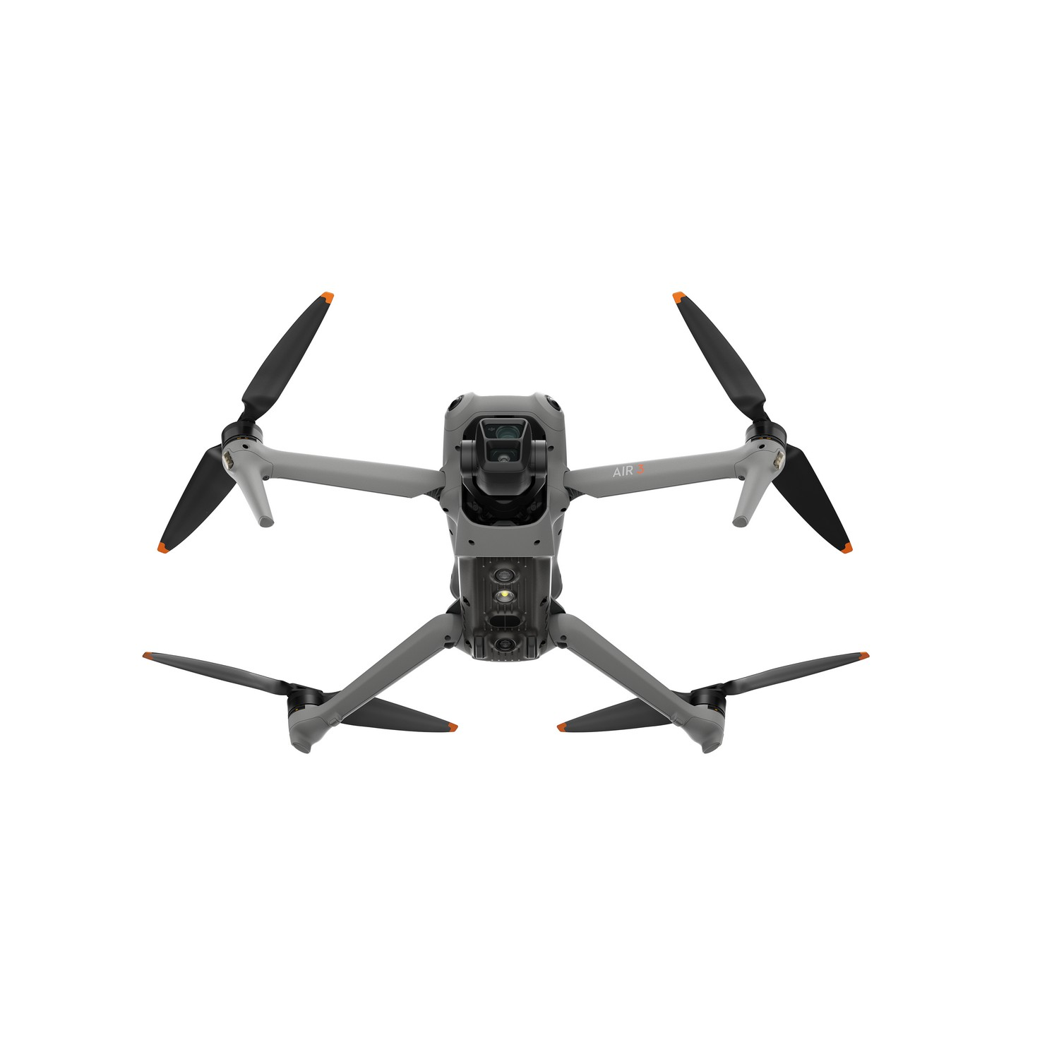 Een grijze drone met vier propellers, een camera en landingsgestel.