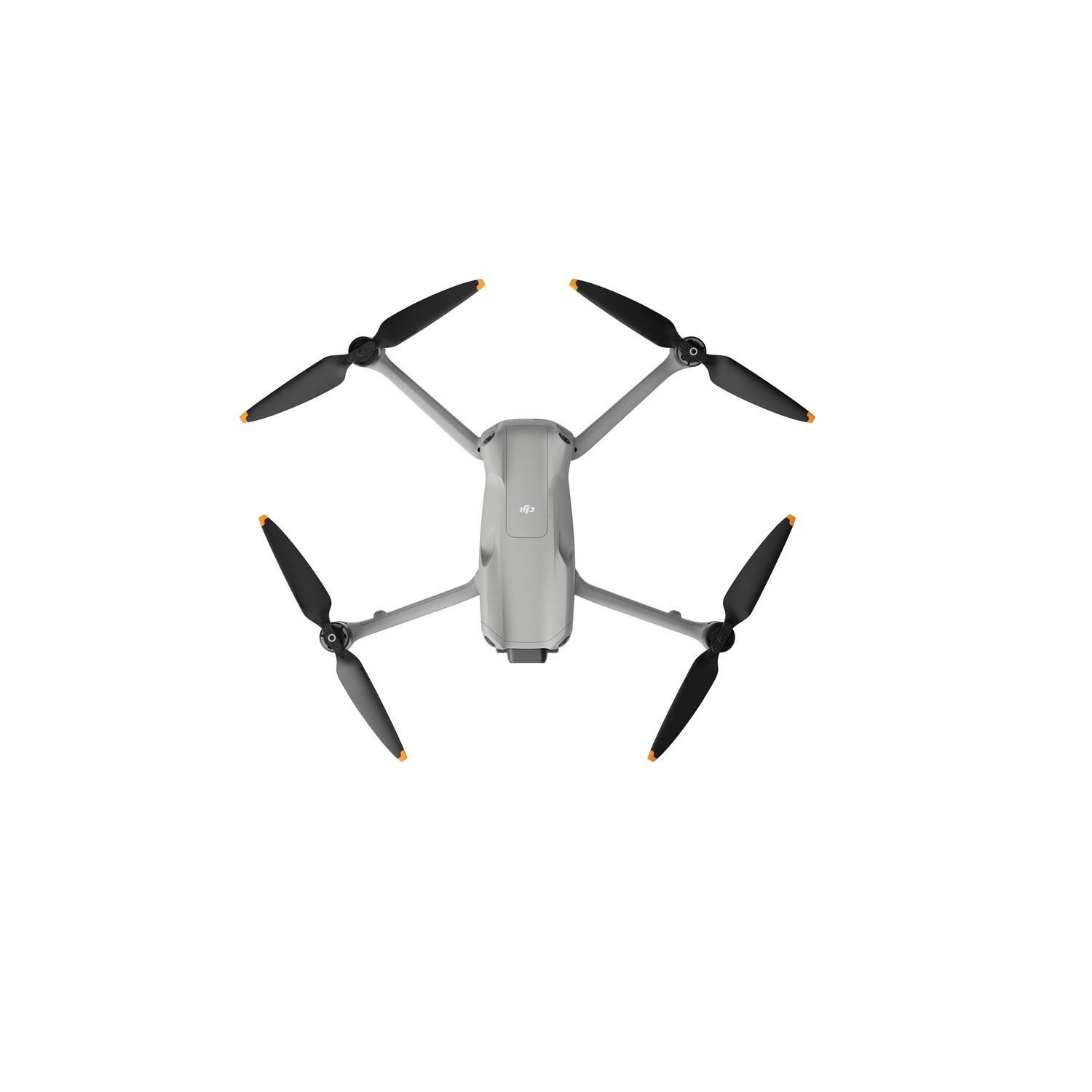 Grijze drone met vier zwarte propellers, bovenaanzicht op een witte achtergrond.