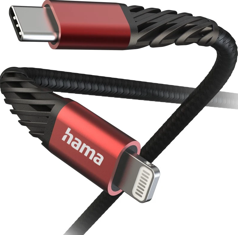 Ein rotes Hama-Ladekabel mit einem USB-C- und Lightning-Anschluss.