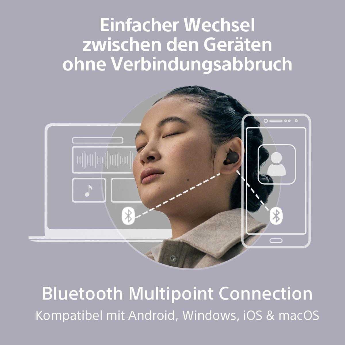 Frau mit Ohrhörern, verbunden mit Laptop und Telefon. Text: 'Bluetooth Multipoint Connection'.