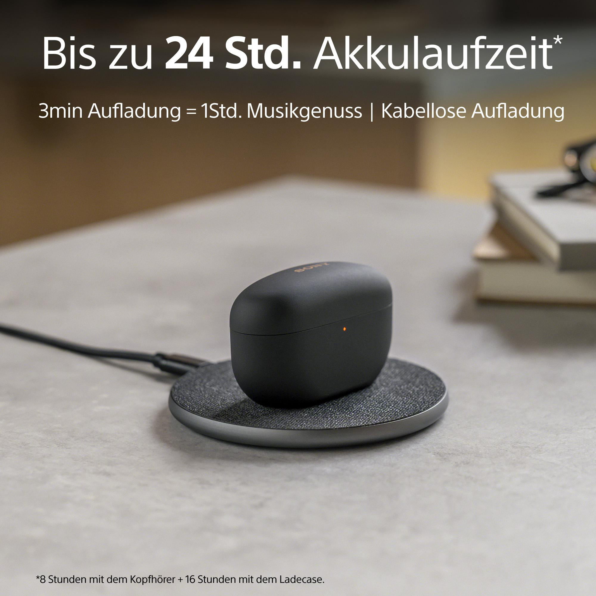 Eine Ladestation mit einem schwarzen Gehäuse mit Ohrhörern darauf.