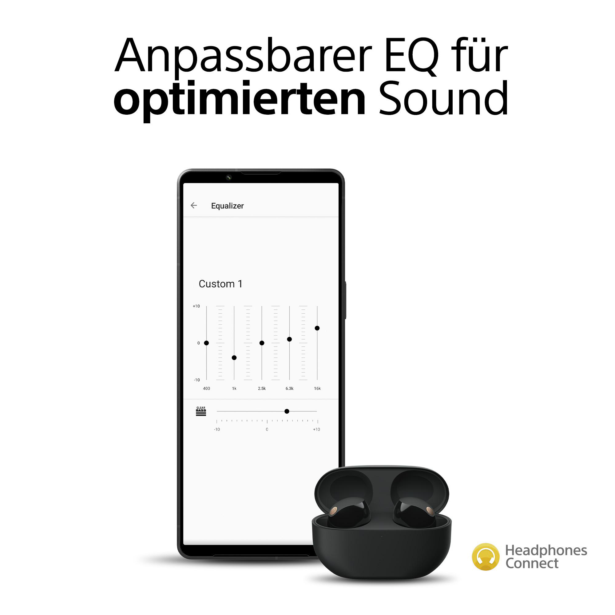 Ein Telefon zeigt eine EQ-Oberfläche mit Kopfhörern und Gehäuse.