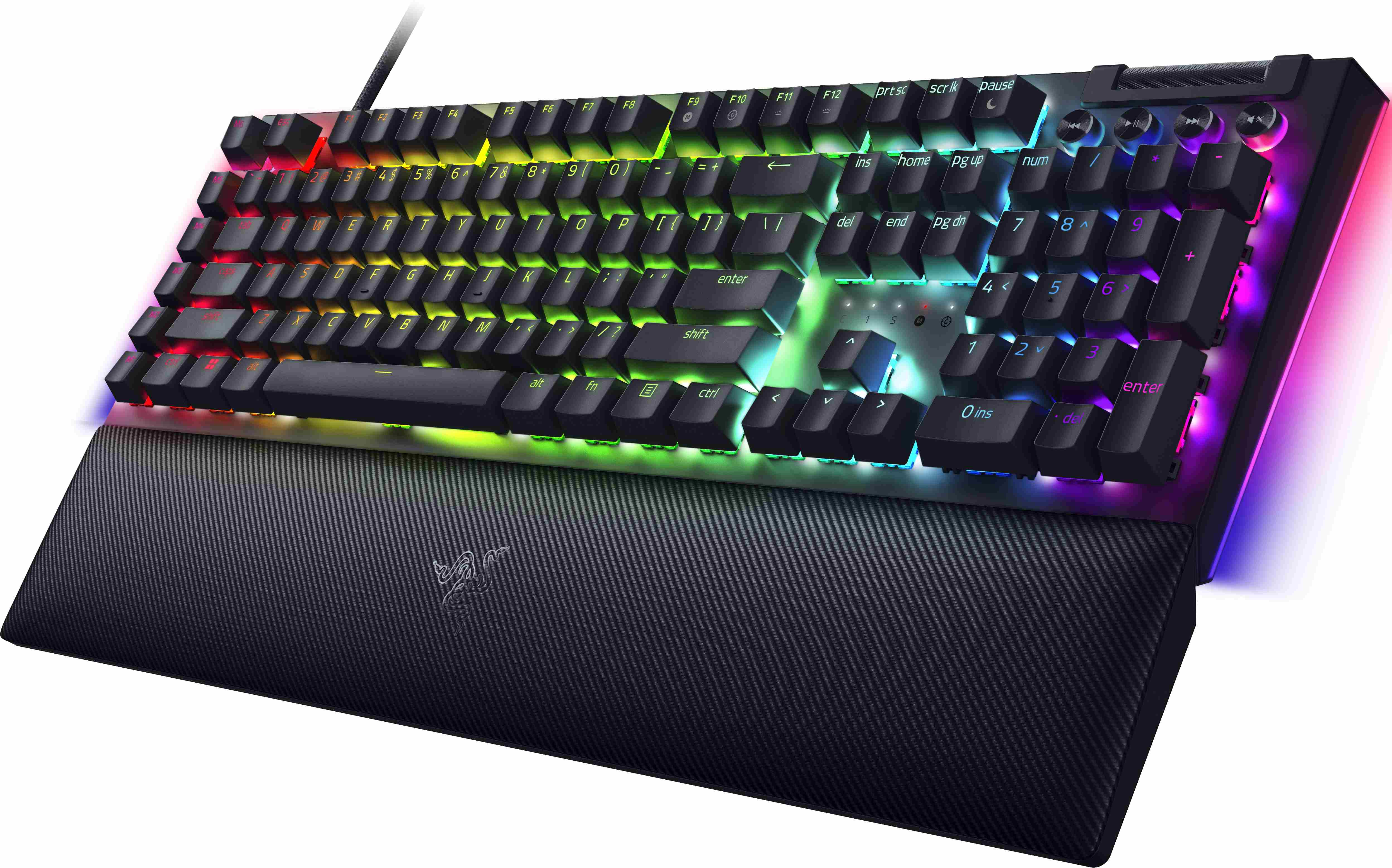 Tastiera da gioco nera con luci arcobaleno. Poggiapolsi collegato.