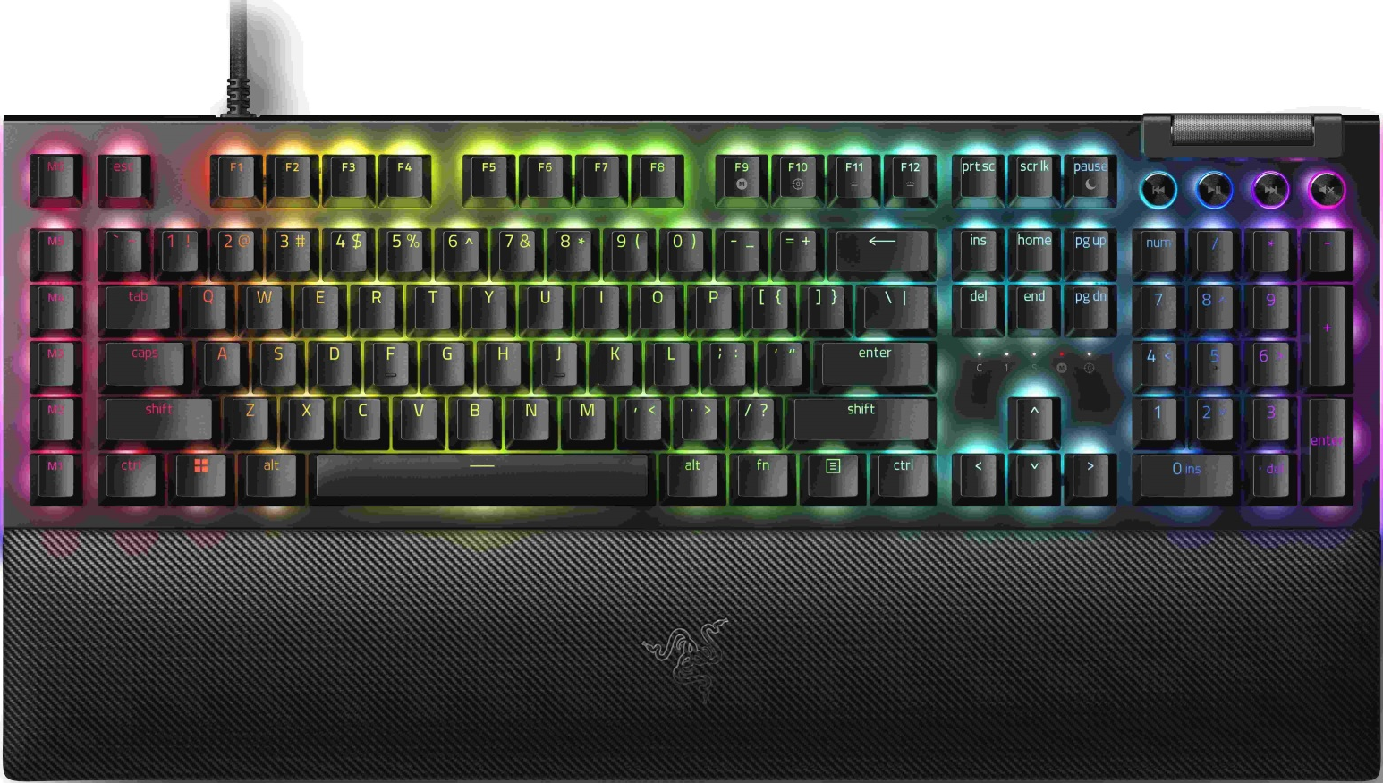 Tastiera nera con tasti illuminati colorati. Un poggiapolsi e il logo Razer sono in basso.