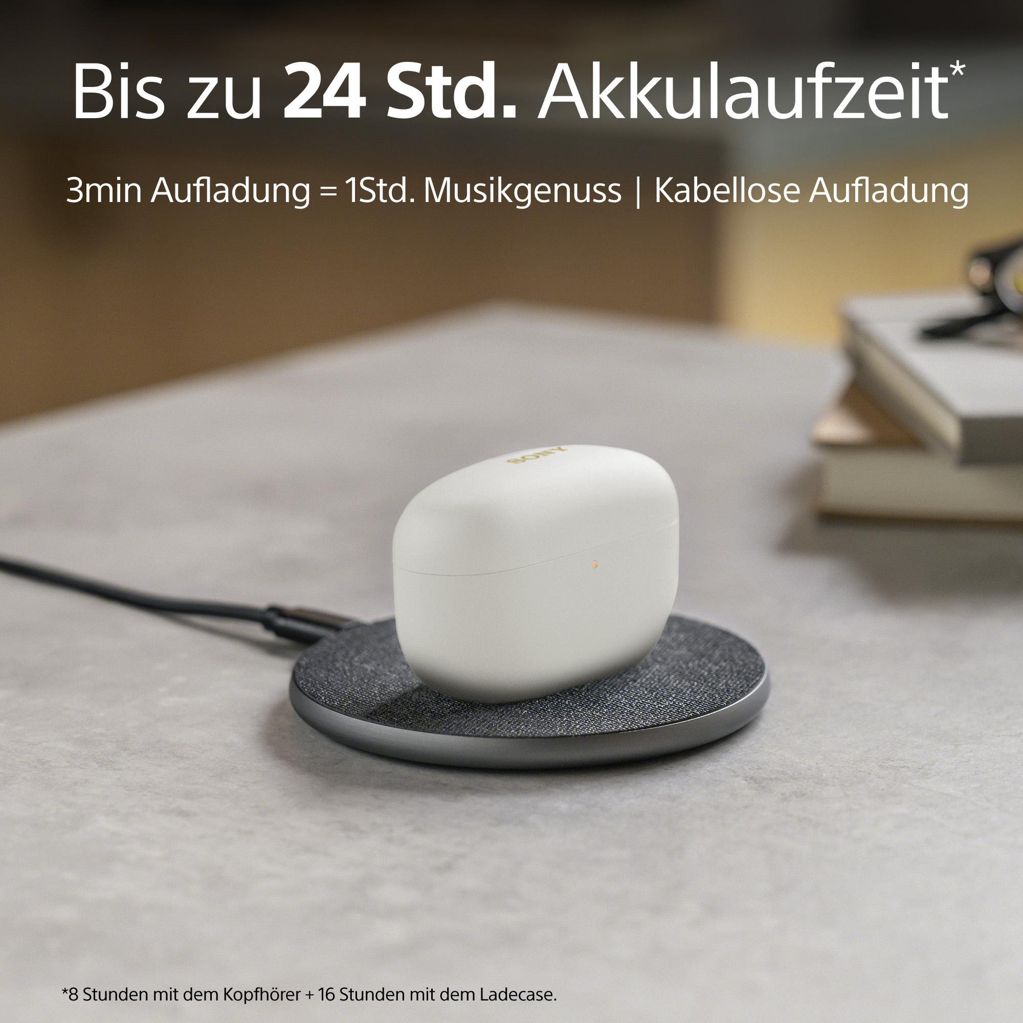 Weiße kabellose Ohrhörer in einem Etui auf einem Ladepad, grauer Hintergrund.