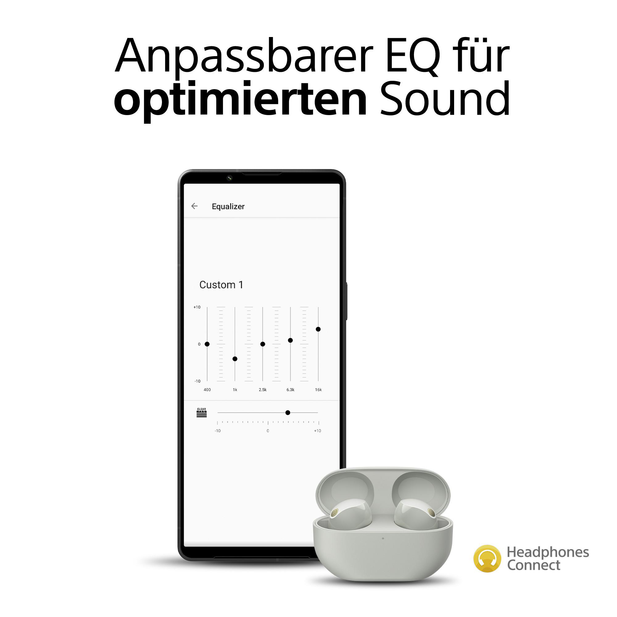 Ein schwarzes Telefon zeigt eine Equalizer-Oberfläche mit weißen Ohrhörern und Hülle.