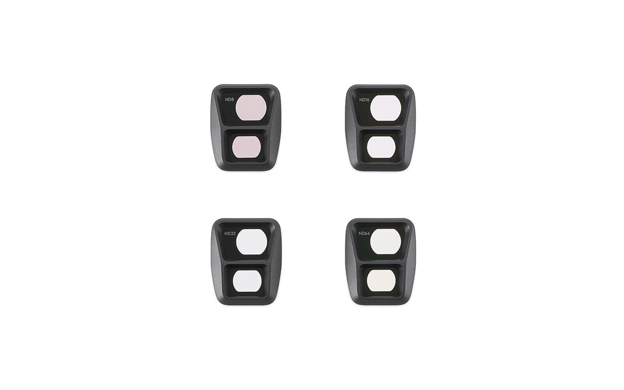 Vier schwarze Objektivfilter, beschriftet mit ND8, ND16, ND32 und ND64, auf weißer Oberfläche.