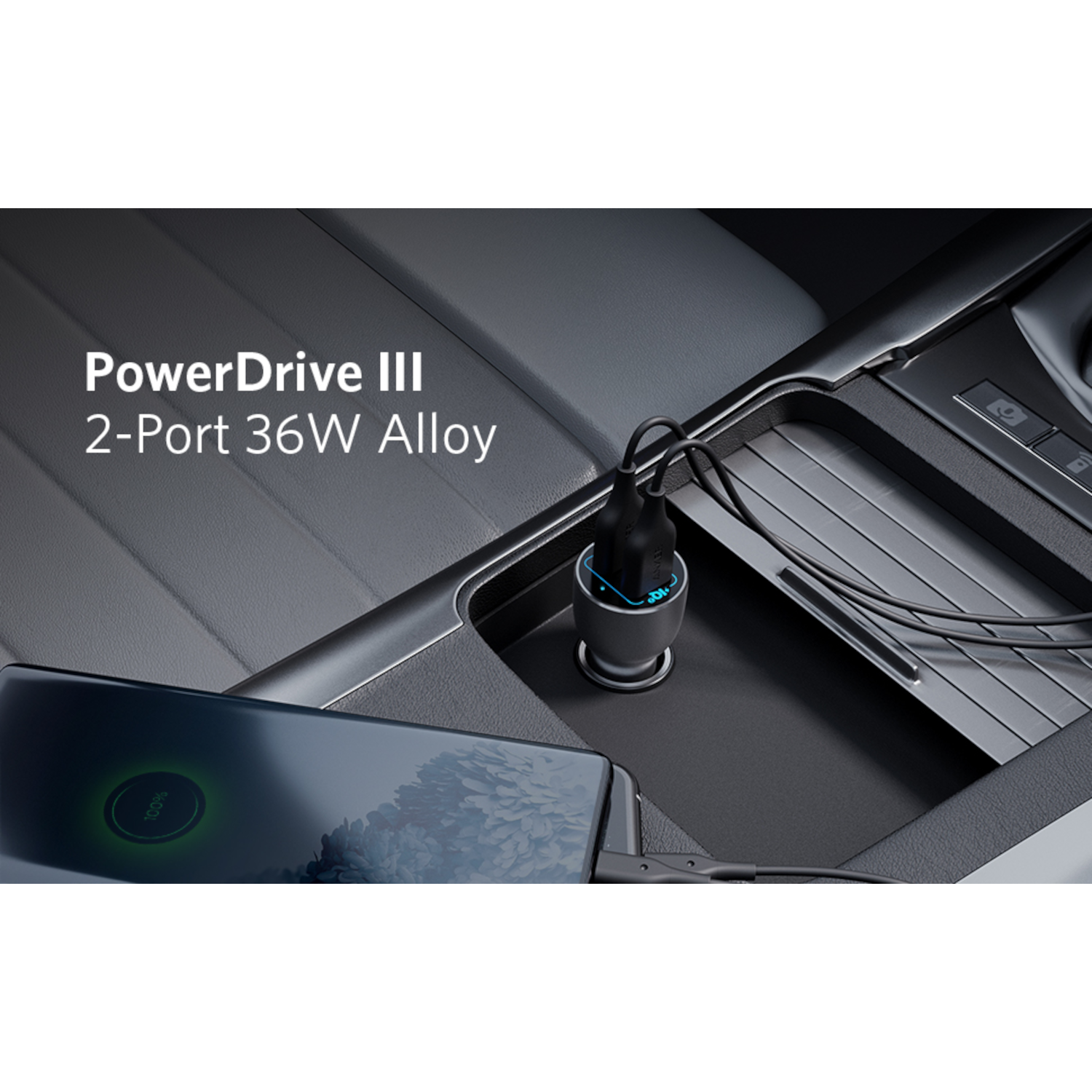 A black car charger in a car console. A phone displays a charging symbol.