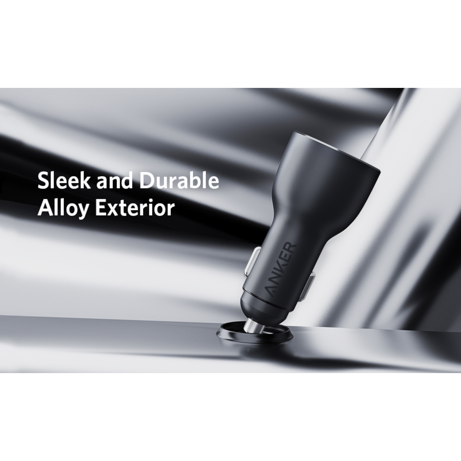 Black Anker car charger. Sleek design, metallic background.