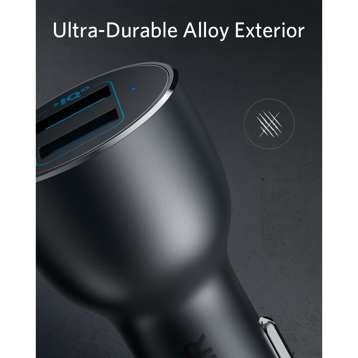 Black Anker car charger with blue light. Ultra-Durable Alloy Exterior text.