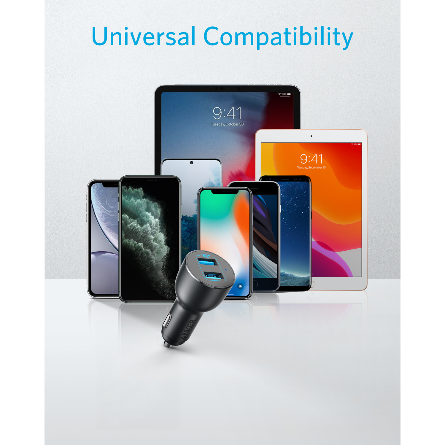 Black car charger with USB ports and multiple phones and tablets, all displaying different screens, universal compatibility.