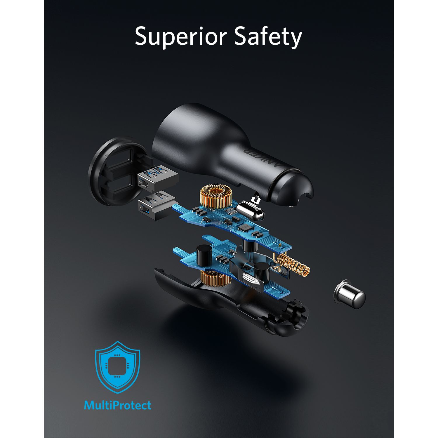 Anker car charger, disassembled, showing internal components, multi-protect shield icon.