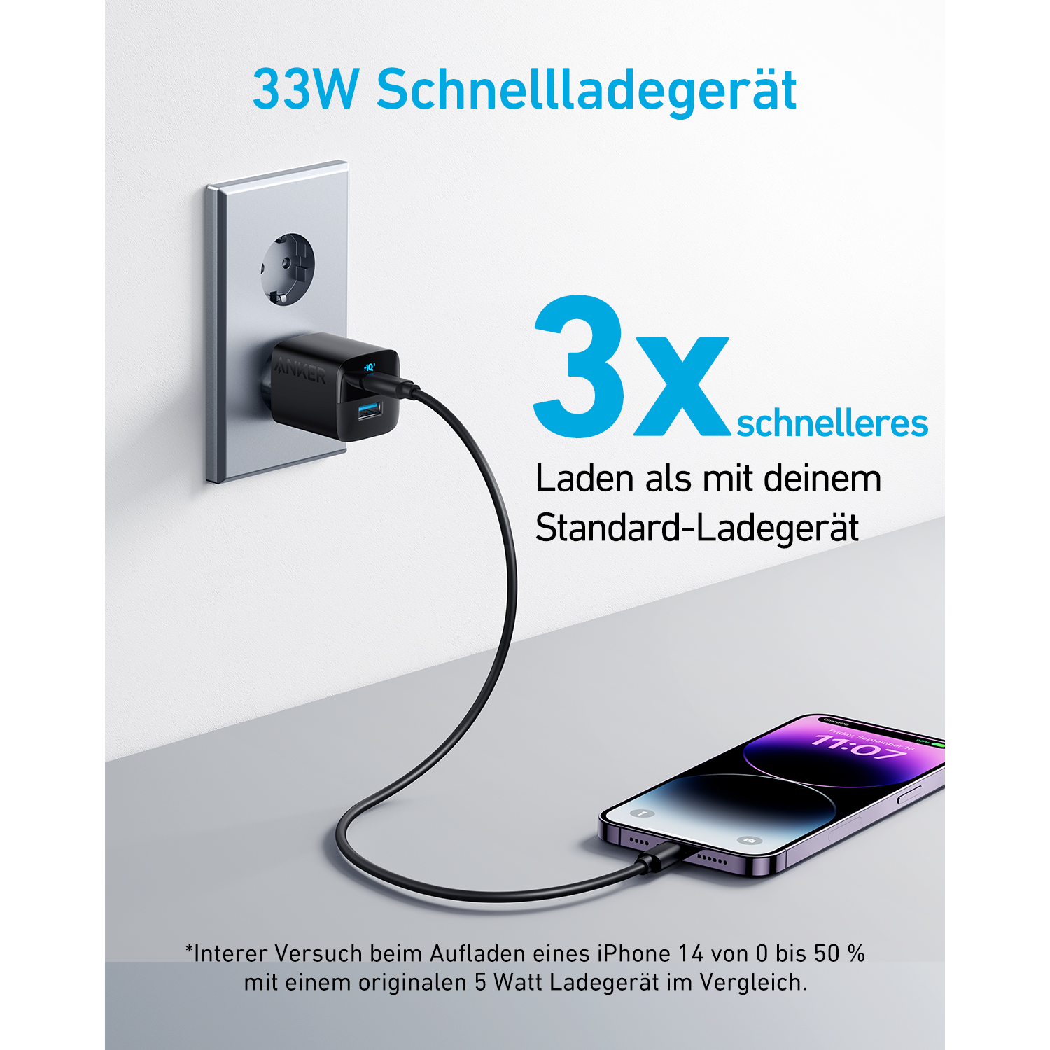 Black charger plugged into the wall, charging a phone. Text reads: 3x faster charging.