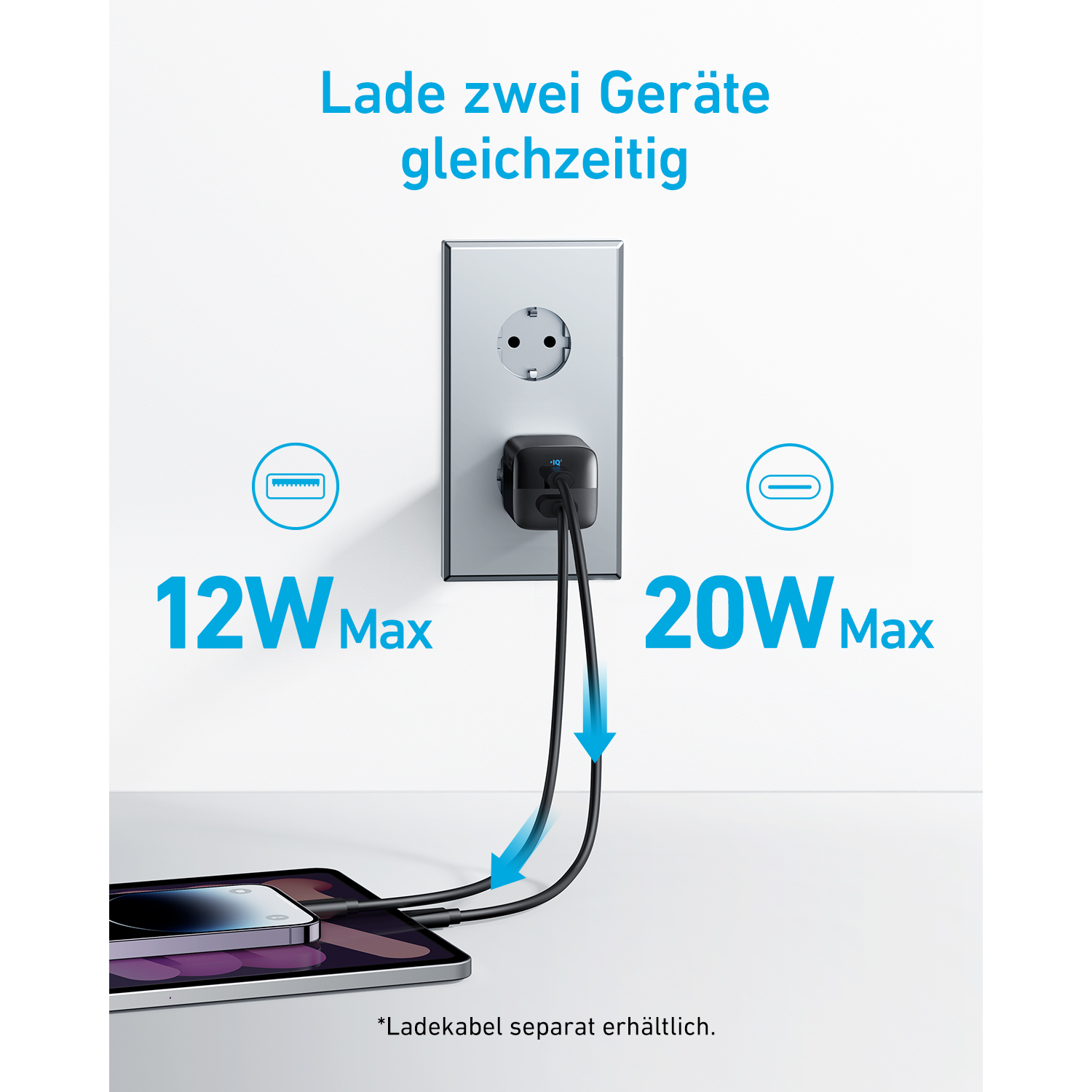 White wall socket with two USB charging ports and a tablet charging.