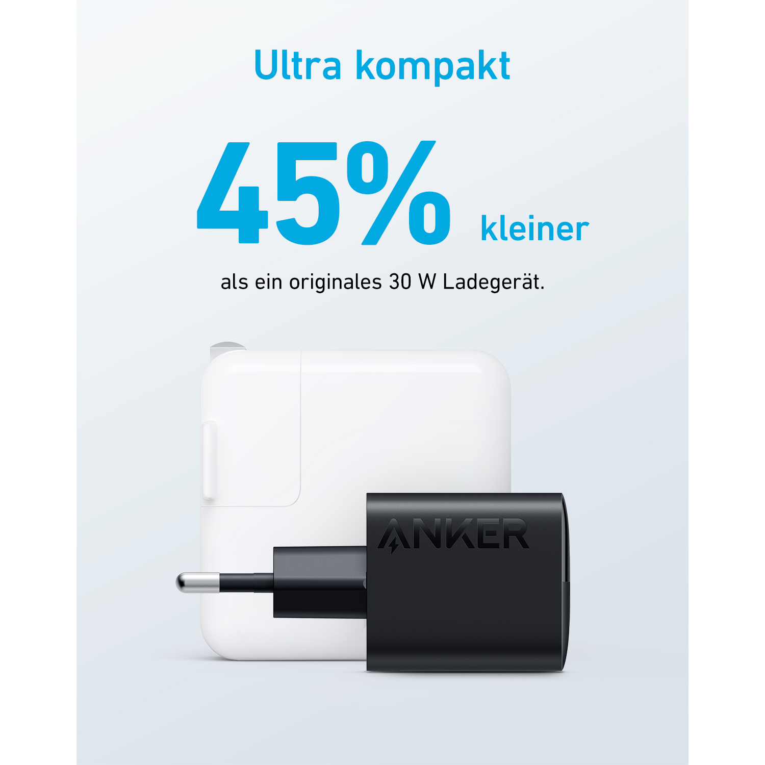 An Anker charger with a black adapter next to a larger white charger, with text.