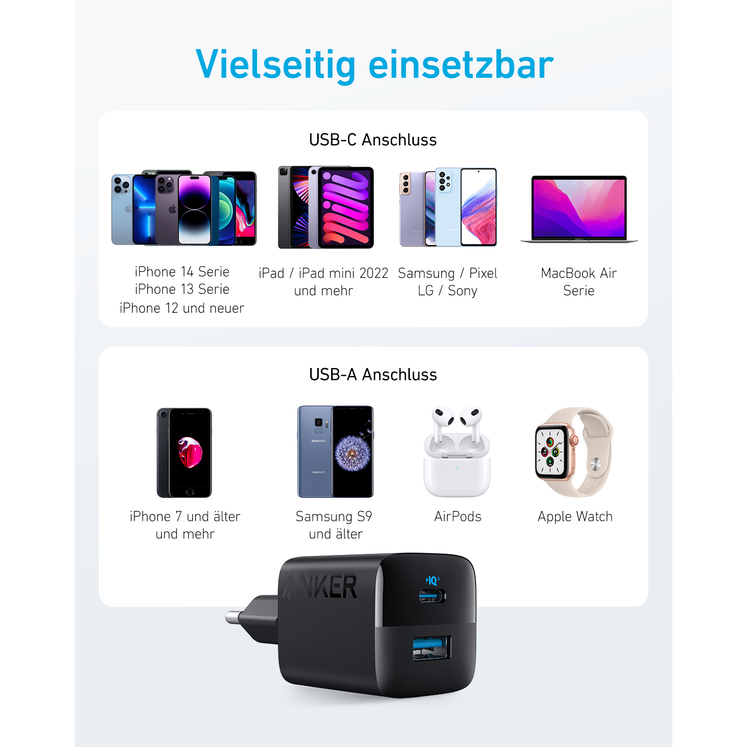Black charger with USB-C and USB-A ports. Compatible devices shown around it.