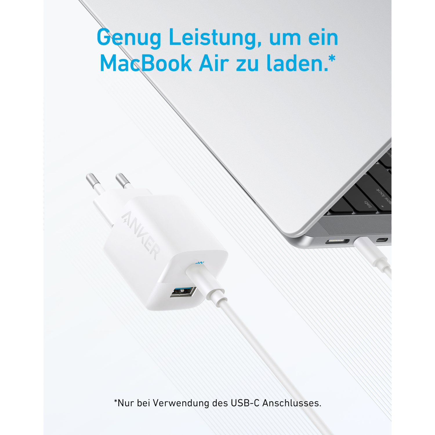 White Anker charger plugged into a MacBook Air, with text about charging.
