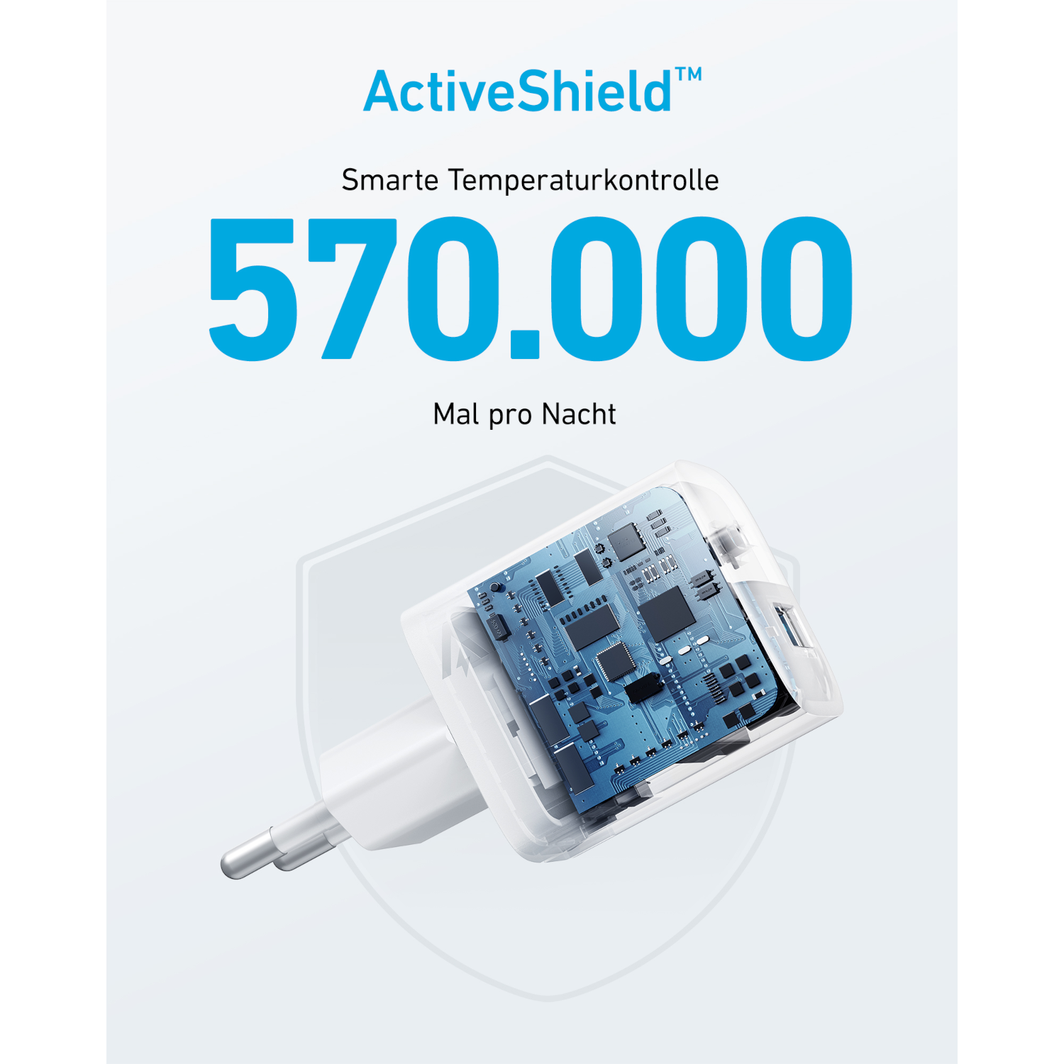 An Anker ActiveShield charger with a transparent view of the internal circuitry.