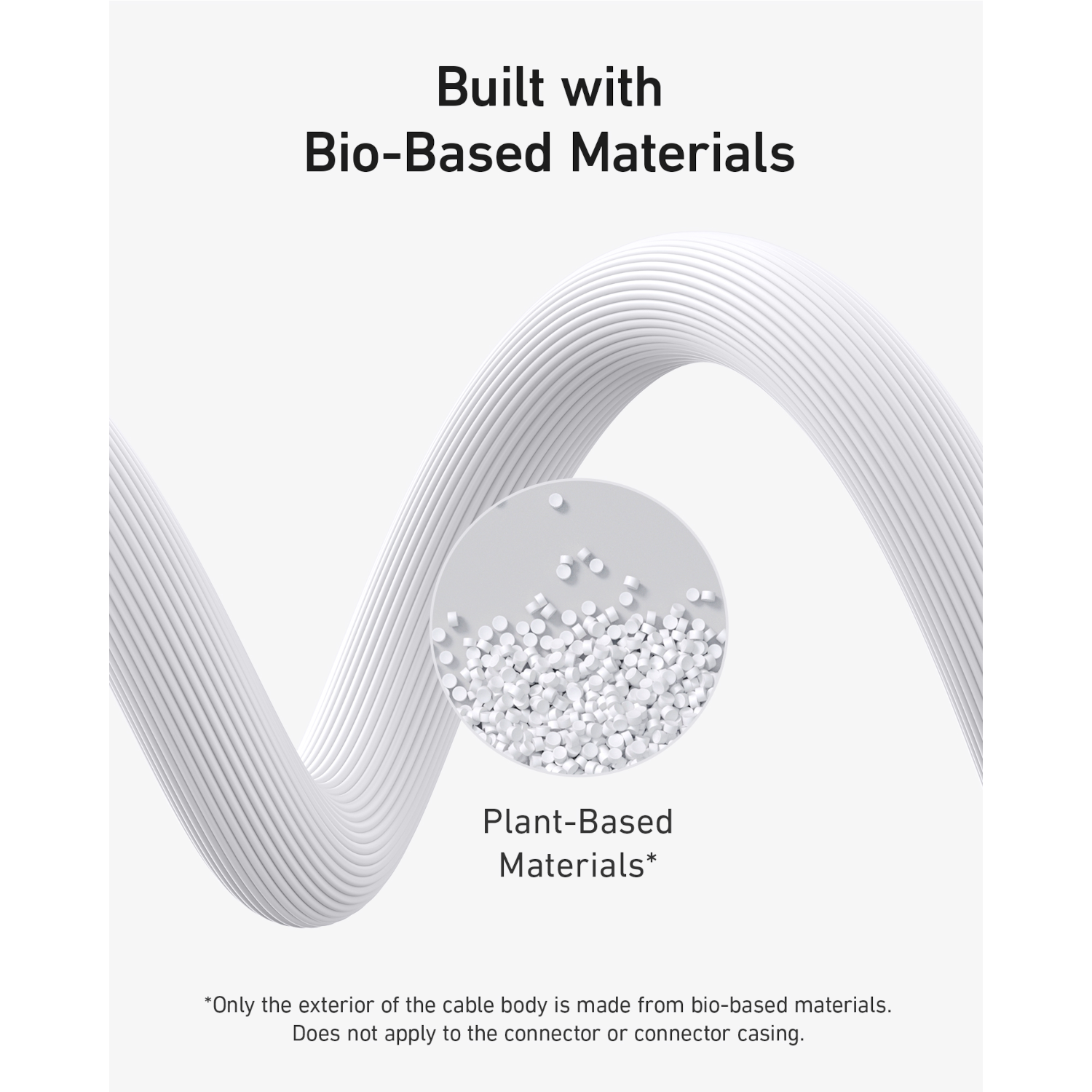 Close-up of white cable with a cutaway showing plant-based materials in a circle.