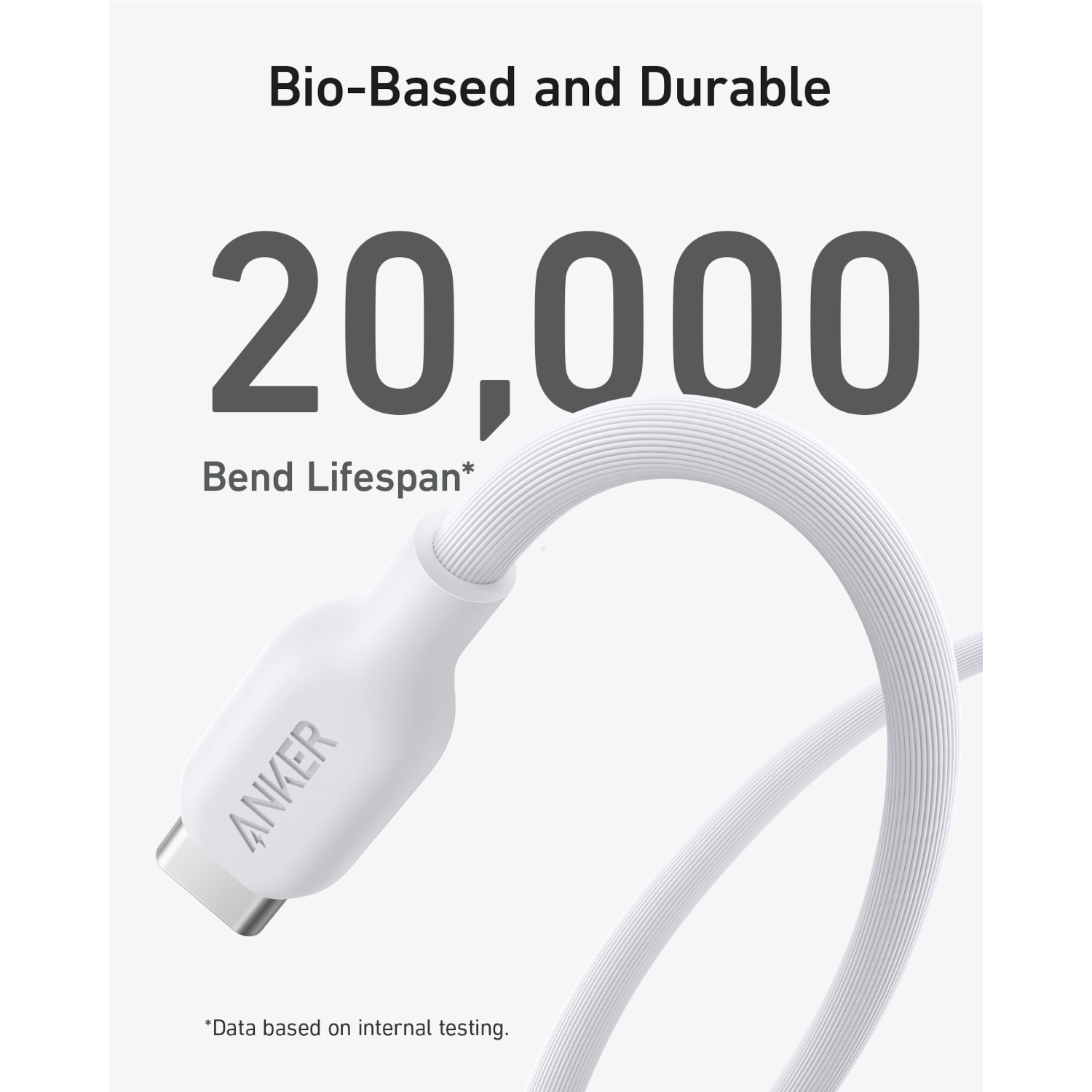 White Anker USB-C cable with the Anker logo, white background.