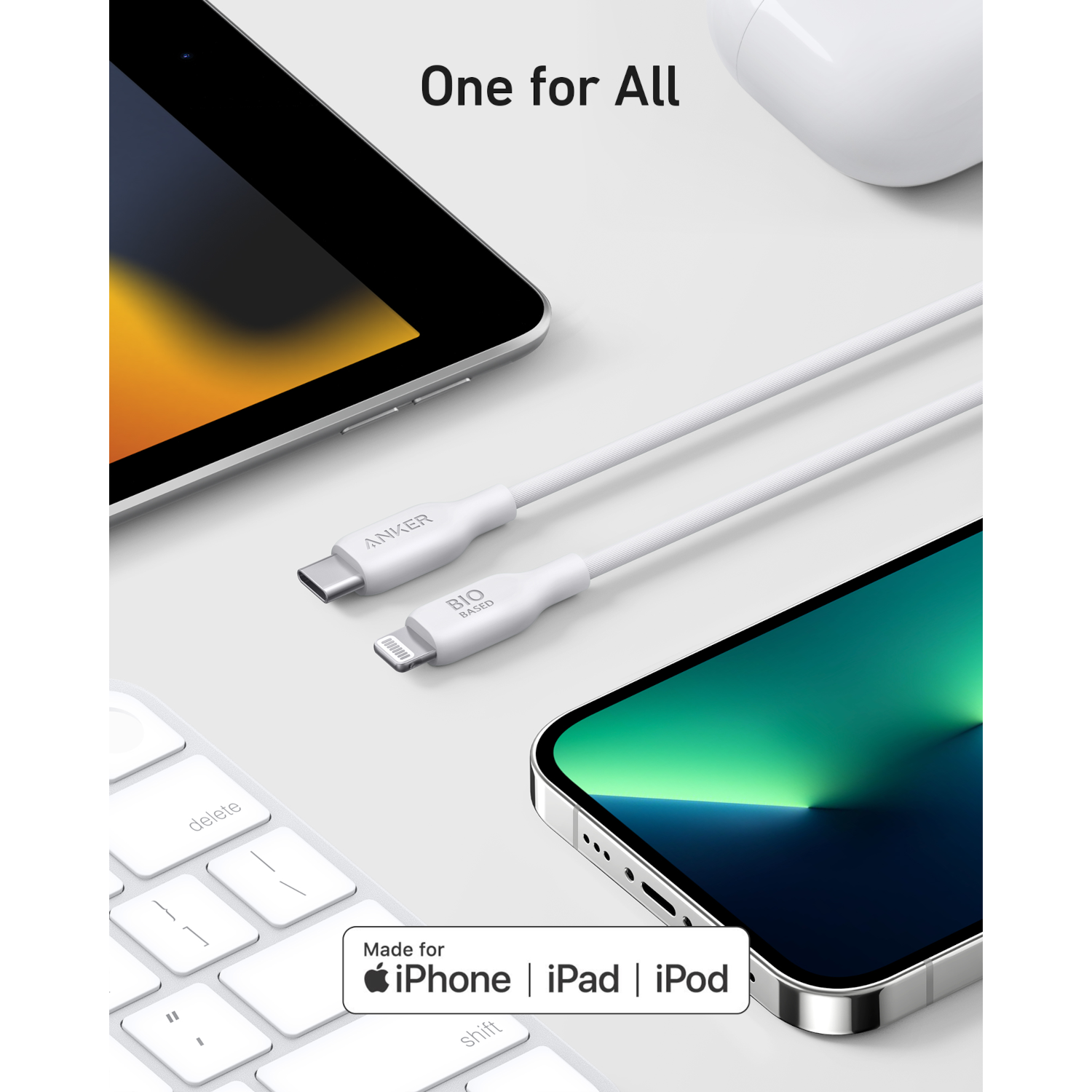 White Anker charging cable with a Lightning connector and a USB-C connector.