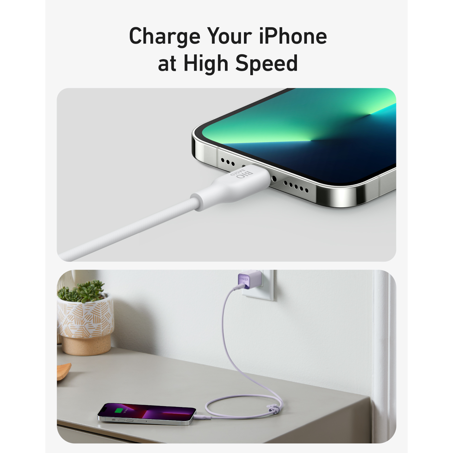 Two images of a phone charging: one plugged into a charger, another on a wireless charger.