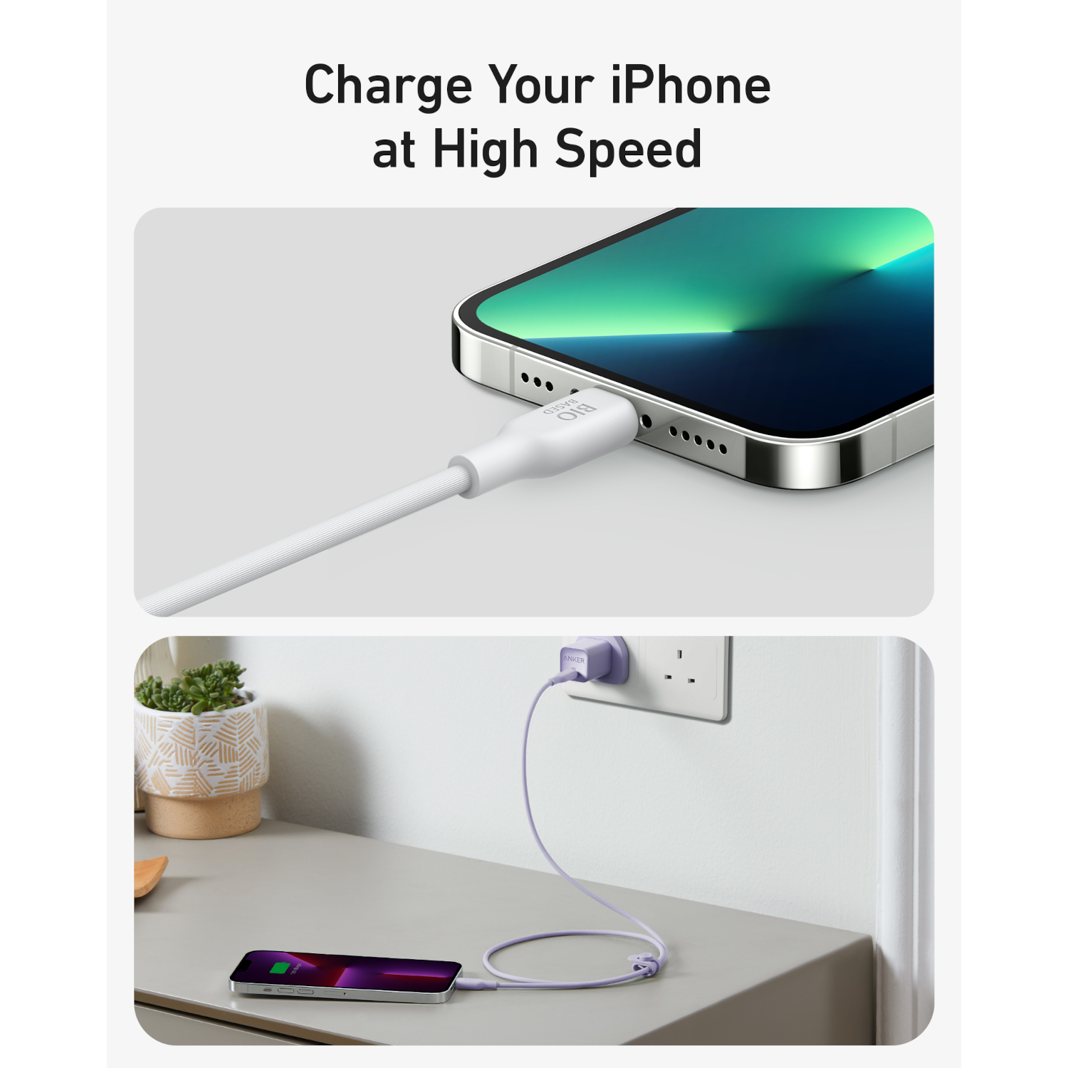 An iPhone charging with a white cable and wall adapter, with another charging at home.